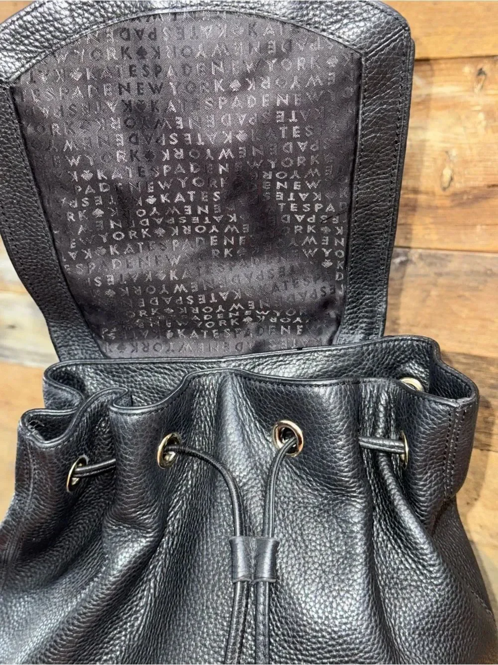 Kate Spade Mulberry Street Breezy Backpack Black Pebbled Leather Gold Logo Bag